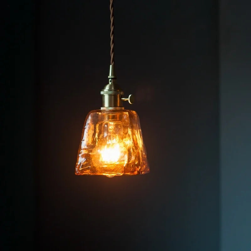 Afralia™ Brass Amber Glass LED Pendant Light for Restaurant Bedside Kitchen Loft Bar