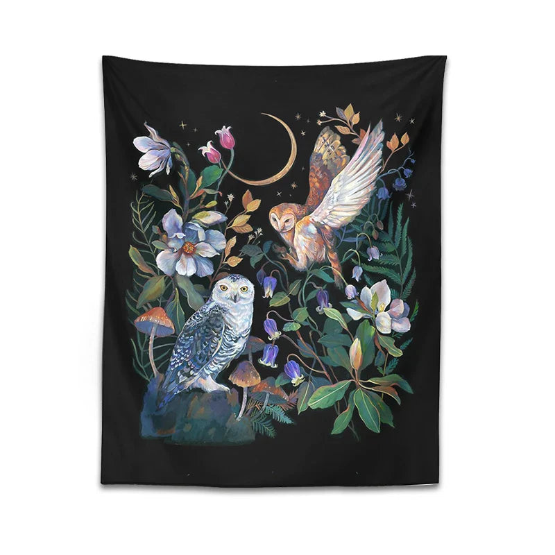 Afralia™ Owls Night Garden Tapestry Wall Hanging - Psychedelic Moon Magic Plant Flower Tapestries