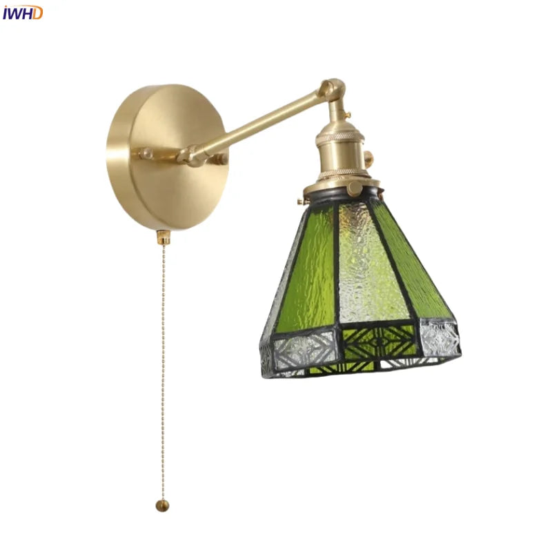 Afralia™ Green Glass LED Wall Sconce, Pull Chain Switch, for Bedside, Bathroom, Living Room