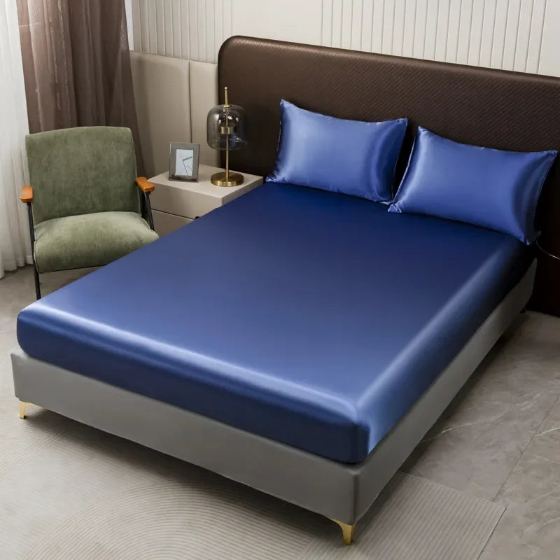 Afralia™ Silky Satin Fitted Sheet Set with Deep Pockets, Queen King Size Bedsheet + 2 Pillowcases