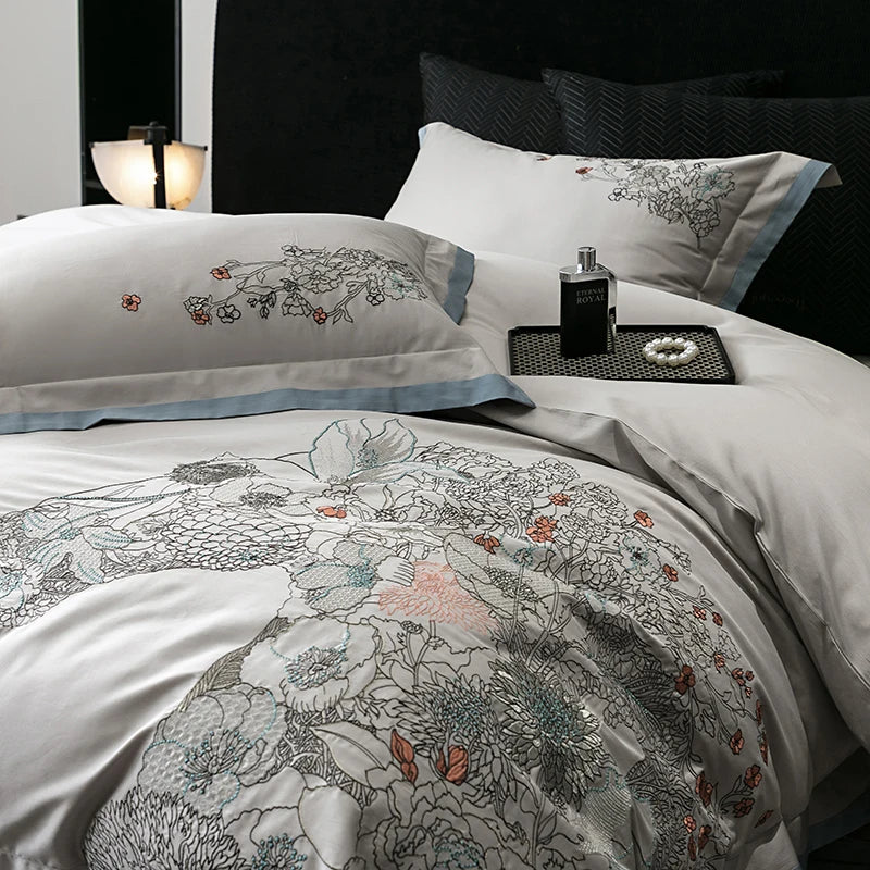 Afralia™ Cotton Flowers Horse Embroidery Luxury Bedding Set - Duvet Cover, Bed Sheet, Pillowcases