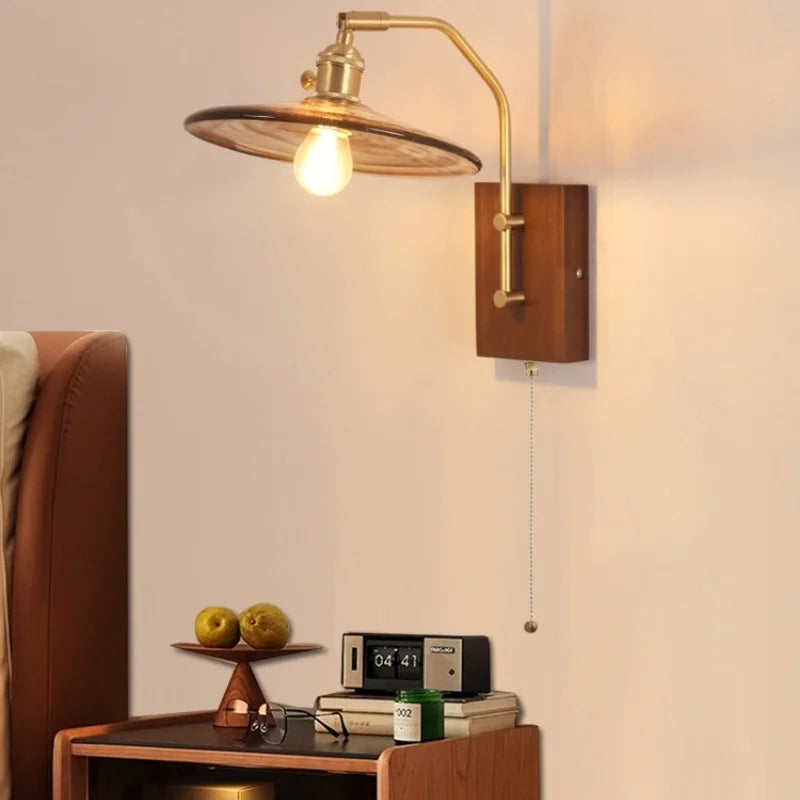 Afralia™ Walnut Wood LED Wall Light Nordic Modern Glass Pull Chain Switch