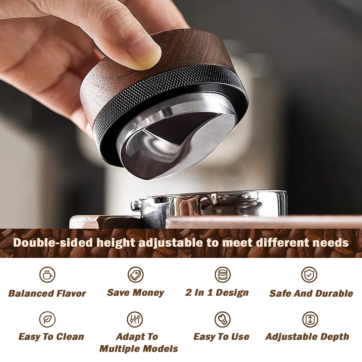 Afralia™ Espresso Distribution Tool & Tamper - Adjustable Depth, Wooden, 51/53/58mm Sizes