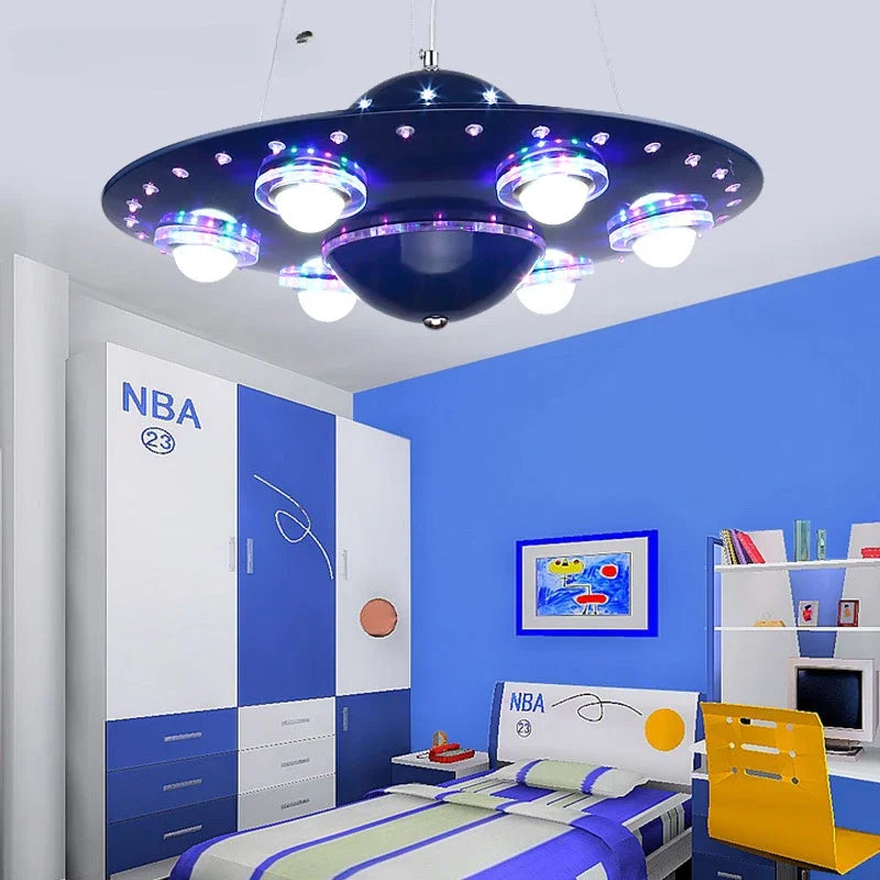 Afralia™ Alien UFO Design LED Pendant Light for Children's Room, Creative Iron Art Chandelier