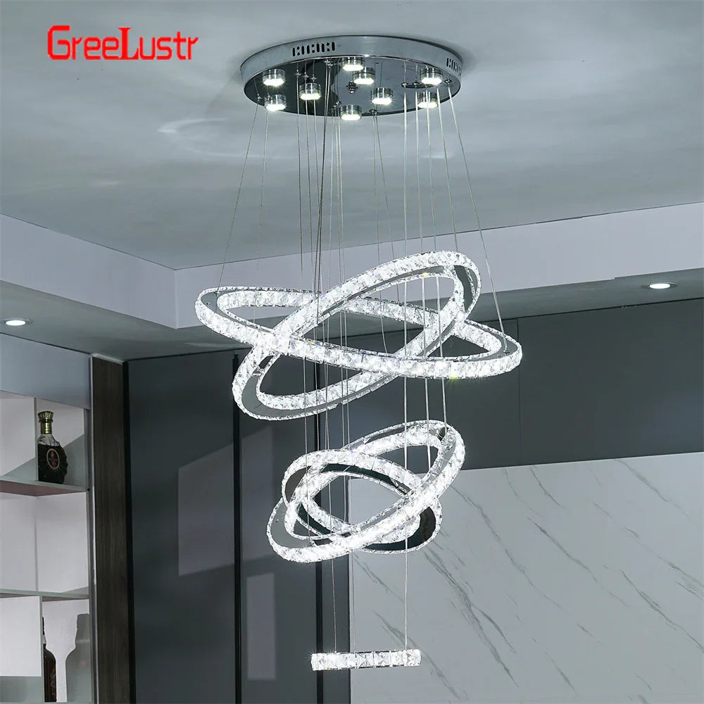 Afralia™ Crystal Chrome LED Pendant Light Rings Chandelier for Living Room Bedroom