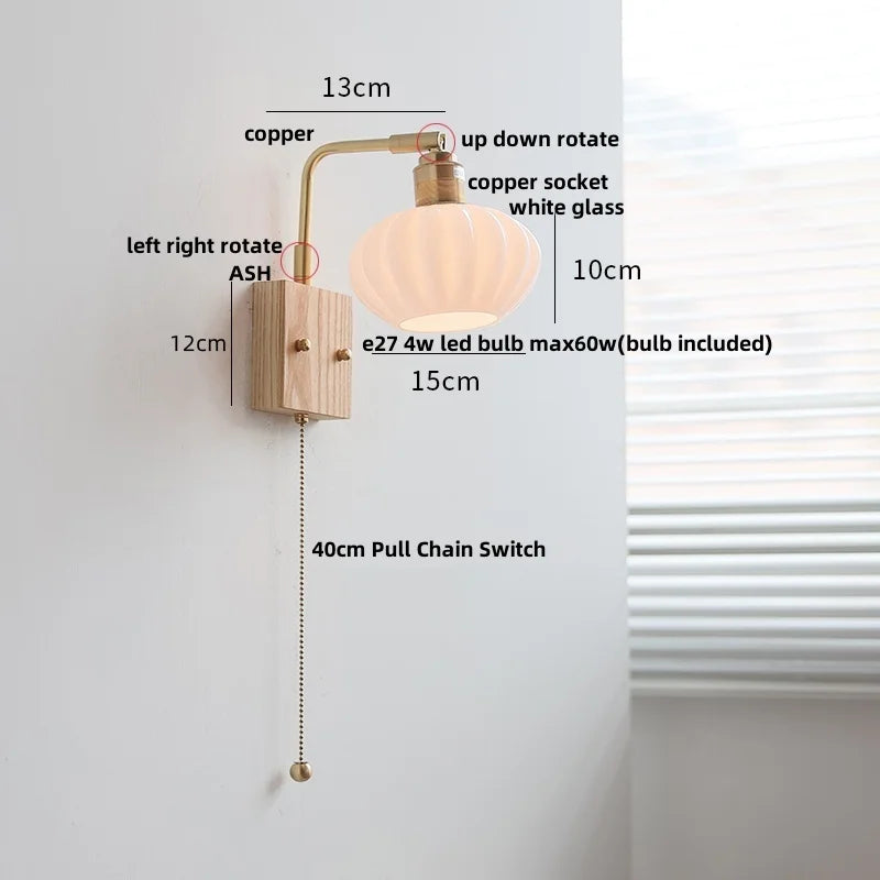 Afralia™ Ash Wood LED Wall Light Fixture with Pull Chain Switch, Modern Nordic Design