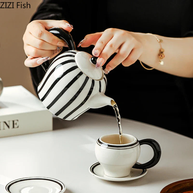 Afralia™ Striped Porcelain Tea Set: Mug, Teapot, Cup & Saucer for Dining Table & Afternoon Tea