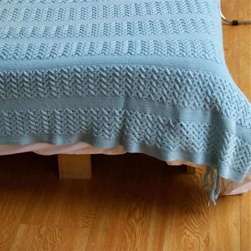 Afralia™ Nordic Knitted Sofa Blanket with Tassels - Solid Color Siesta Shawl Blanket