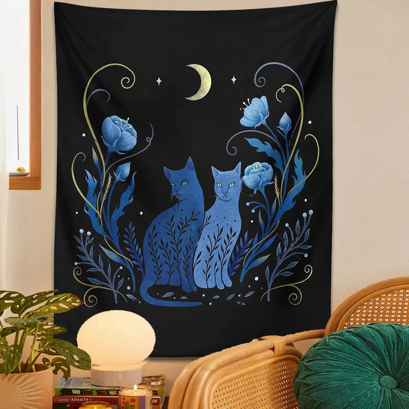 Afralia™ Moon Cat Tarot Tapestry: Psychedelic Wall Hanging for Hippie Home Decor