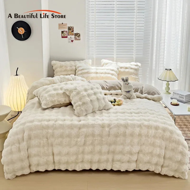 Luxury Faux Fur Bedding Set by Afralia™: Super Soft Bubble Fleece Duvet Cover, Quilt, and Sheet Set.