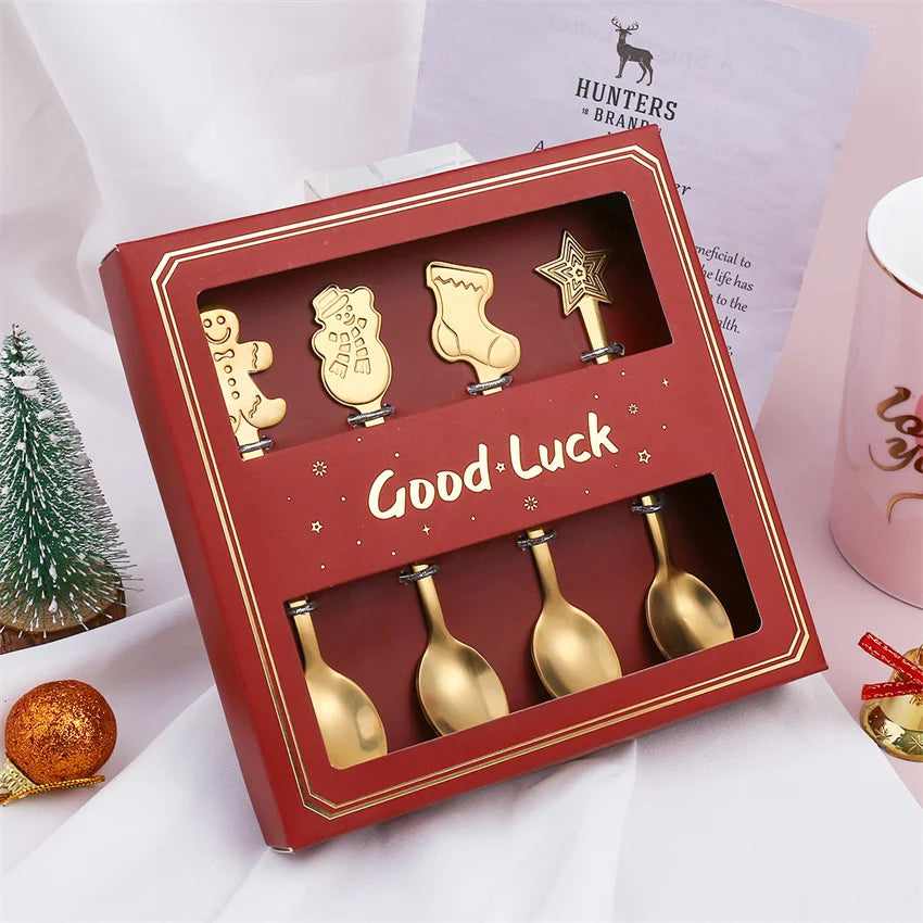 Afralia™ Christmas Coffee Spoons Gift Box - Stainless Steel Festive Cutlery Spoon Set