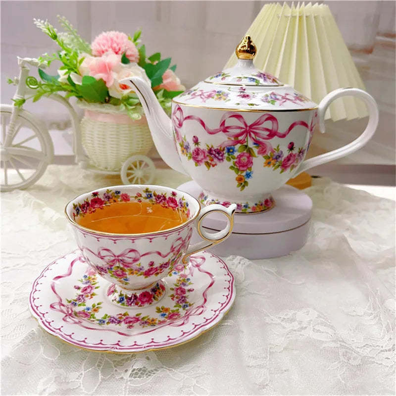 Afralia™ Tea & Coffee Set: Retro Pot, Cup, Saucer, Bow Pot, and Cup Set for Home Kitchen