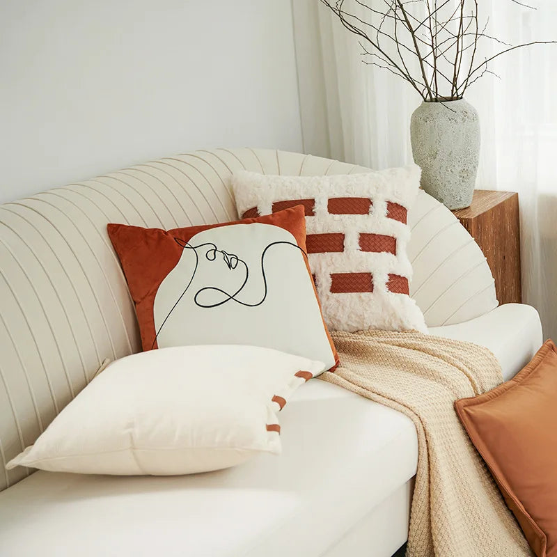 Afralia™ Abstract Plush Burnt Orange Embroidered Pillow Cover 45x45cm Ivory Decoration