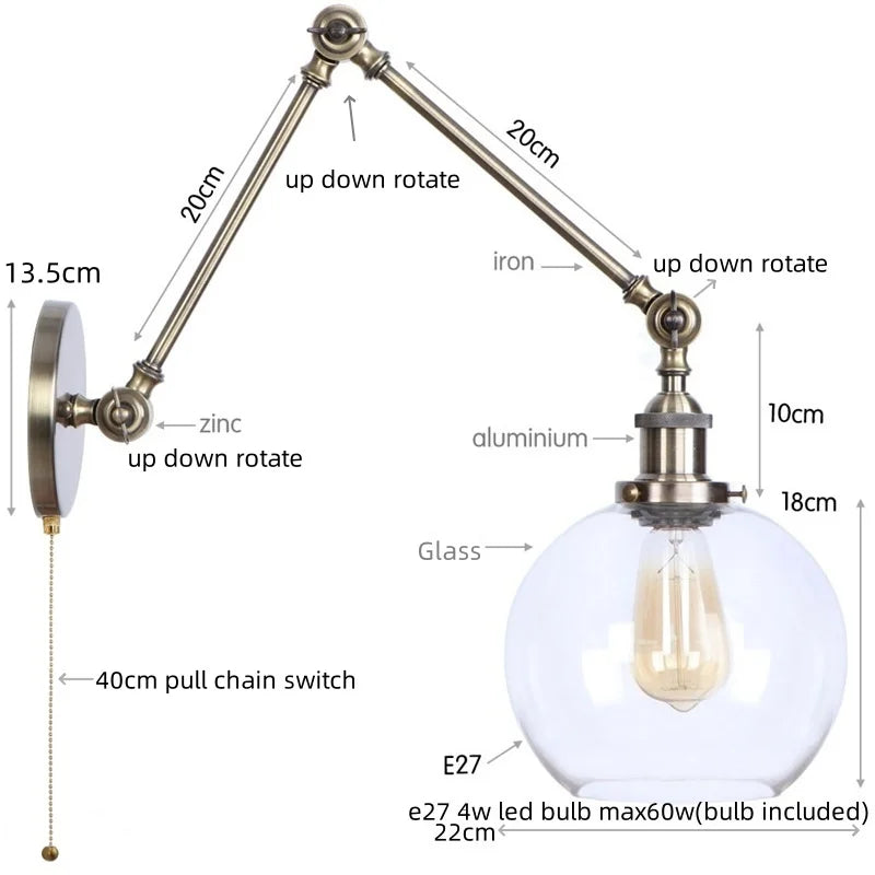 Afralia™ Loft LED Industrial Swing Arm Lamp with Clear Glass Mirror Light