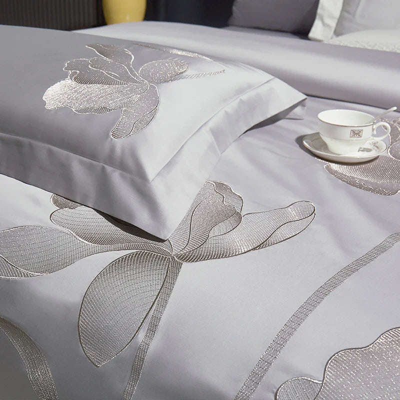 Afralia™ Luxury Flower Embroidery 1000TC Egyptian Cotton Bedding Set - 4Pcs