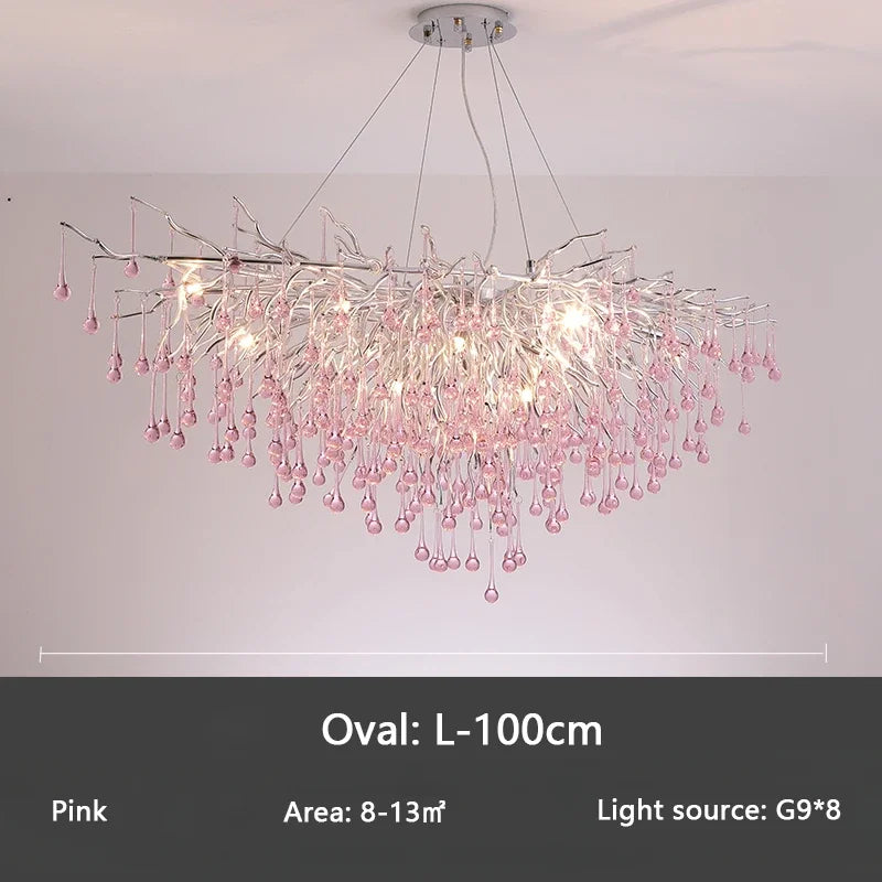 Afralia™ Pink Crystal Chandelier Chrome Ceiling Living Room Light Luxury Chandelier