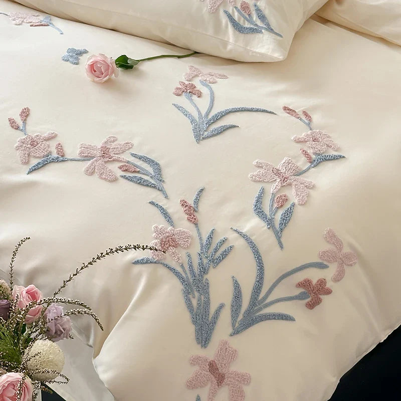 Afralia™ Elegant Flower Embroidery Cotton Bedding Set - Single Queen King Sizes