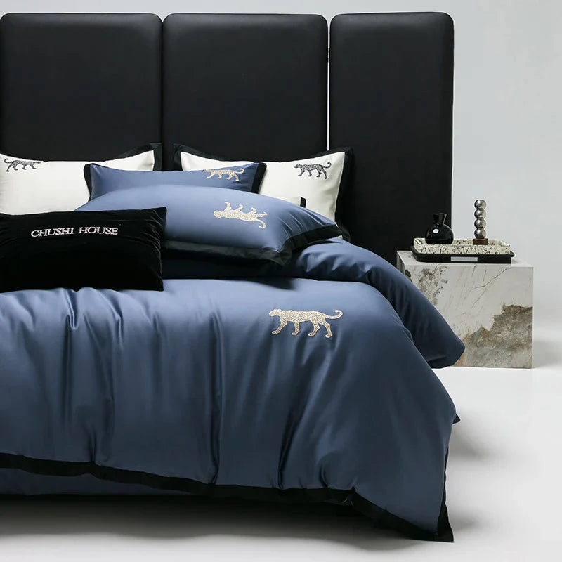 Afralia™ Luxury Leopard Embroidery Egyptian Cotton Bedding Set