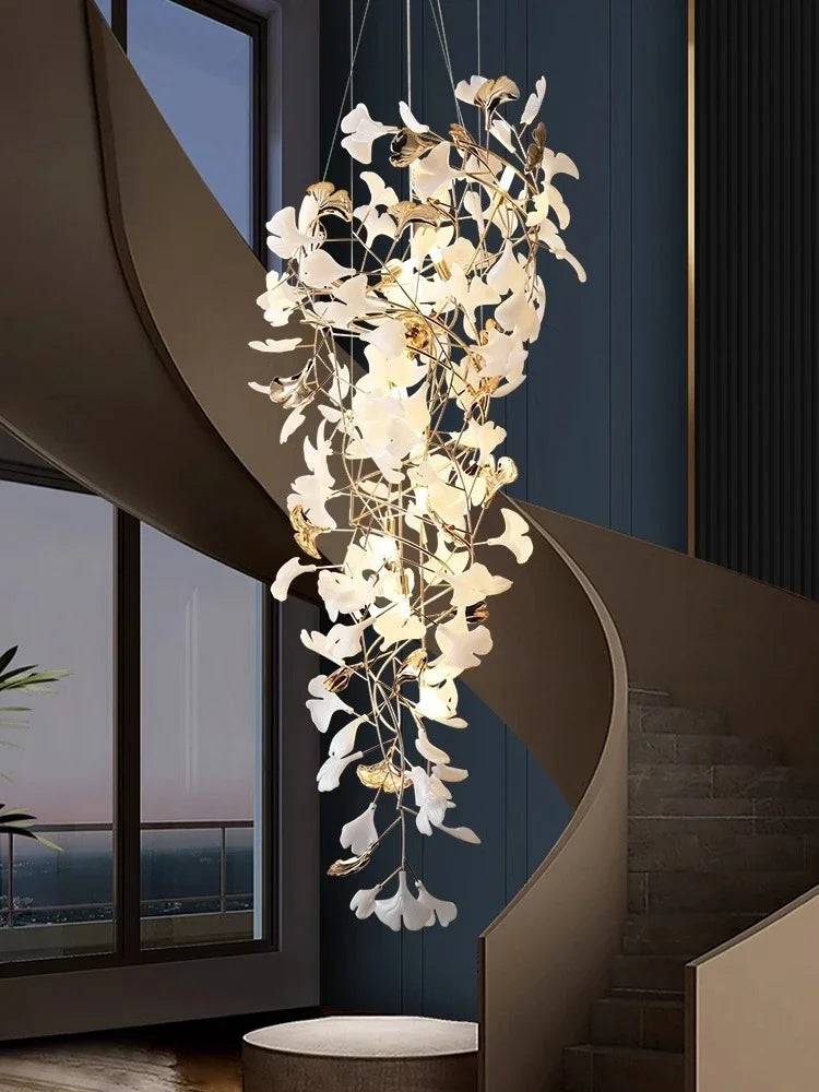 Afralia™ Ginkgo Leaf Chandelier for Luxury Staircase & Lobby, Designer Duplex Lighting
