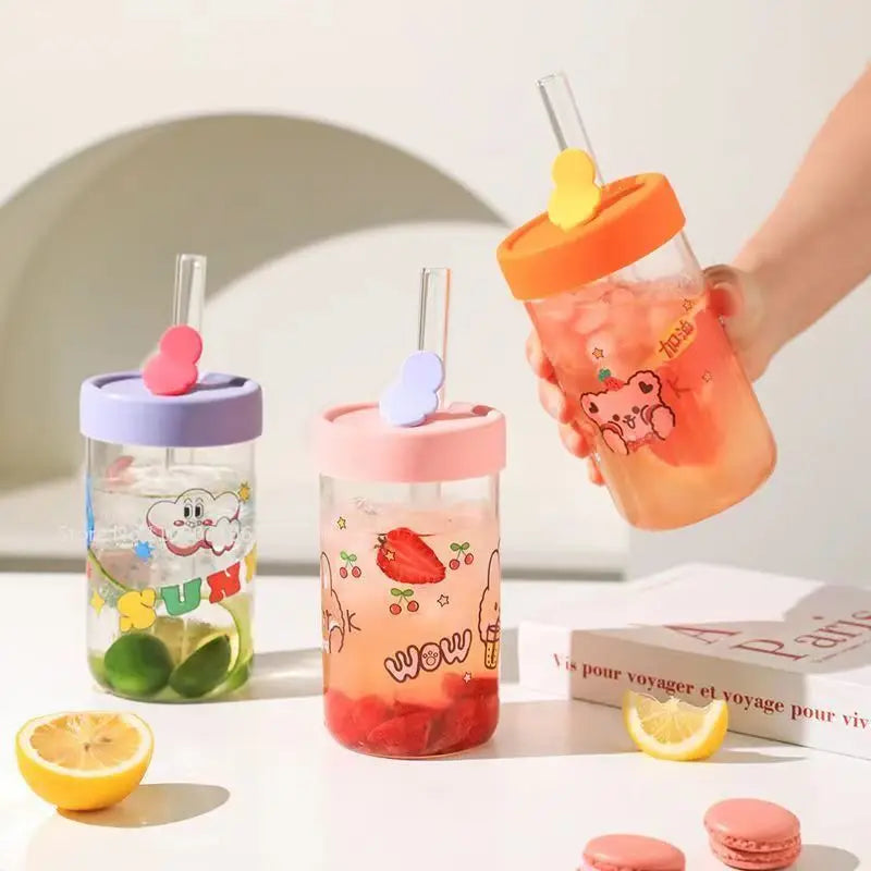 Afralia™ Cartoon Glass Cup with Lid & Straw - 600ml Drinkware