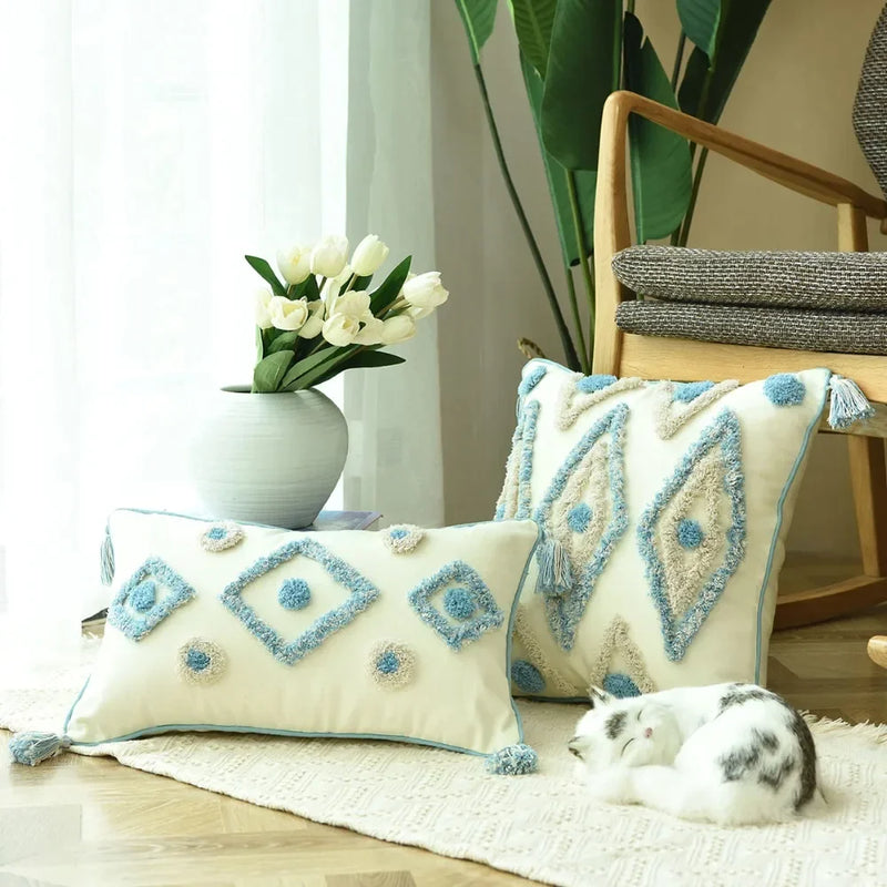 Afralia™ Boho Blue Diamond Moroccan Cushion Cover 45x45cm Home Decor