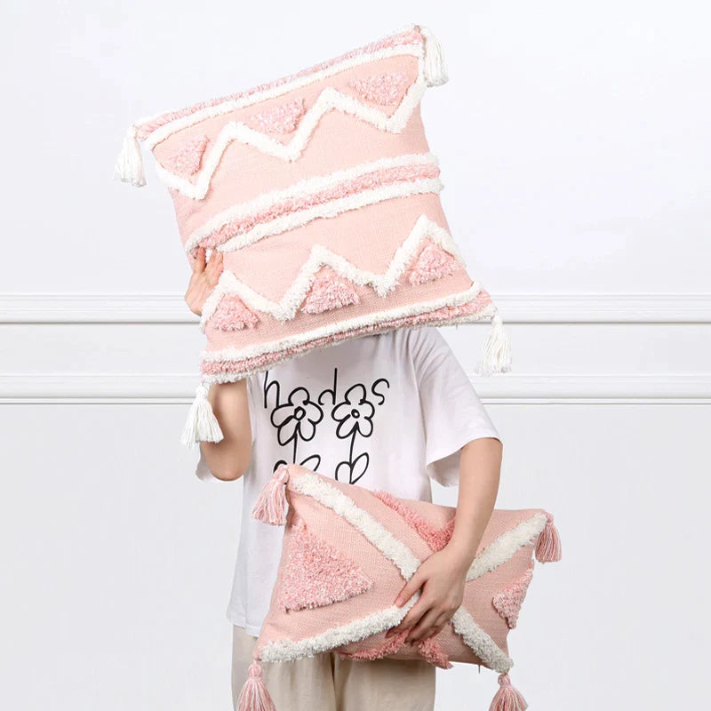 Afralia™ Boho Pink Geometric Tufted Tassel Pillow Covers 30x100cm - Decorative Double Pillows