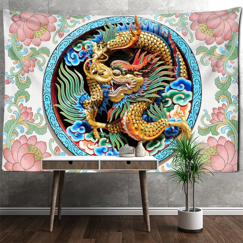 Afralia™ Golden Dragon Totem Carving Tapestry: Mysterious Psychedelic Wall Hanging