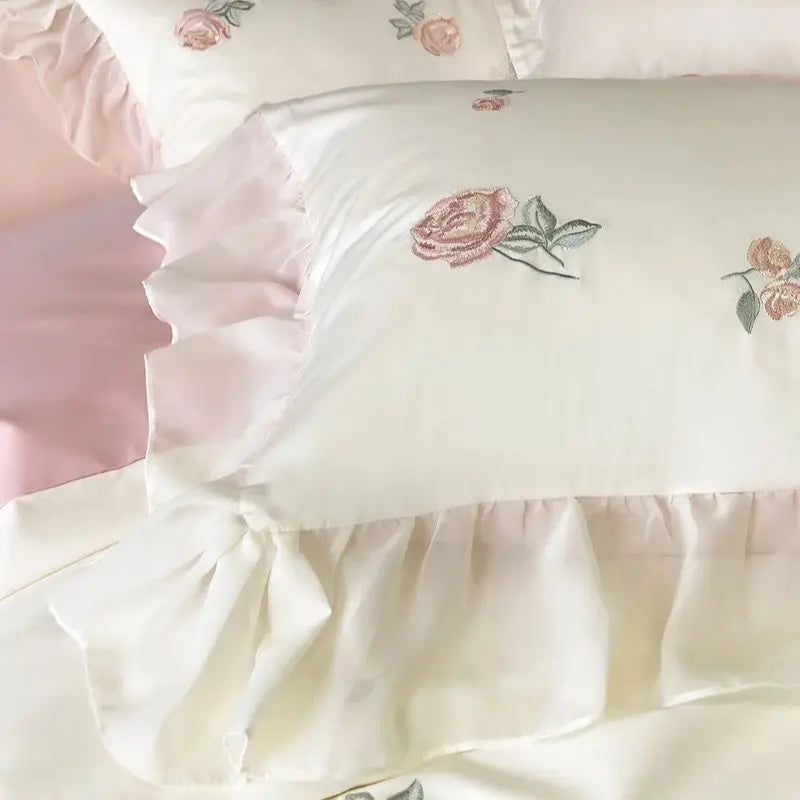 Afralia™ Rose Flowers Cotton Lace Ruffles Wedding Bedding Set