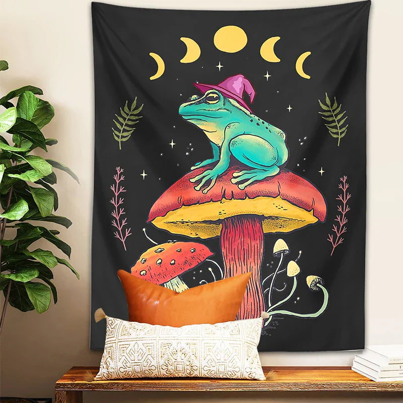 Afralia™ Frog on Mushroom Tapestry Wall Hanging: Aesthetic, Magic, Wizard, Cottagecore, Boho, Hippie, Moon Phase