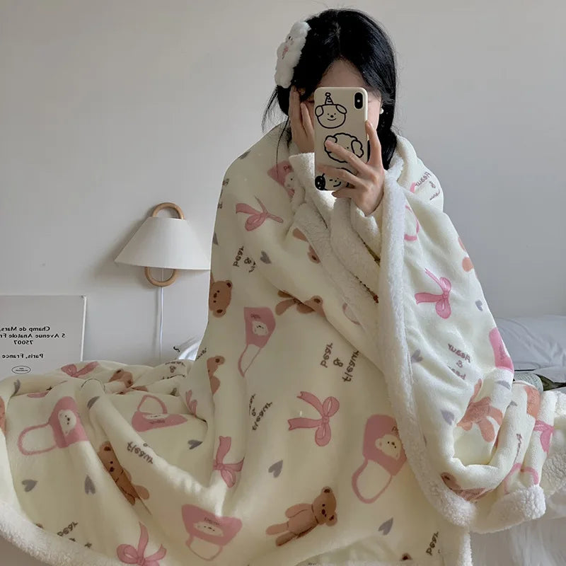 Afralia™ Cartoon Lamb Wool Blanket - Thick, Printed Coral Fleece Sofa Cover