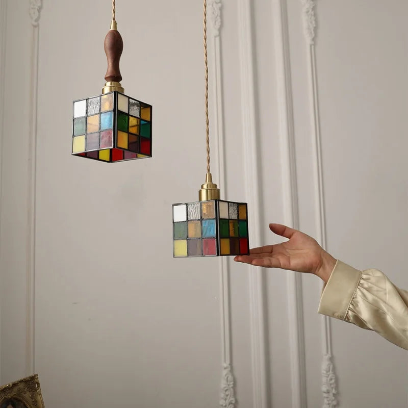 Afralia™ Rubik's Cube LED Pendant Lamp - Walnut Wood Colorful Glass Hanging Lights