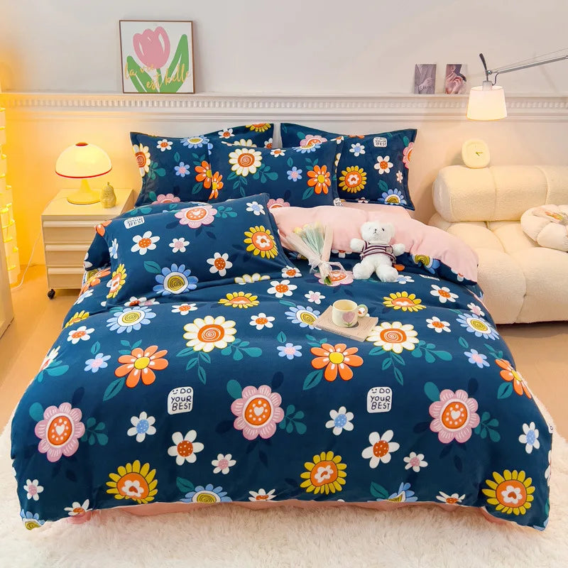 Afralia™ Winter Cartoon Crystal Velvet Bedding Set - Queen Size Warm Duvet Cover