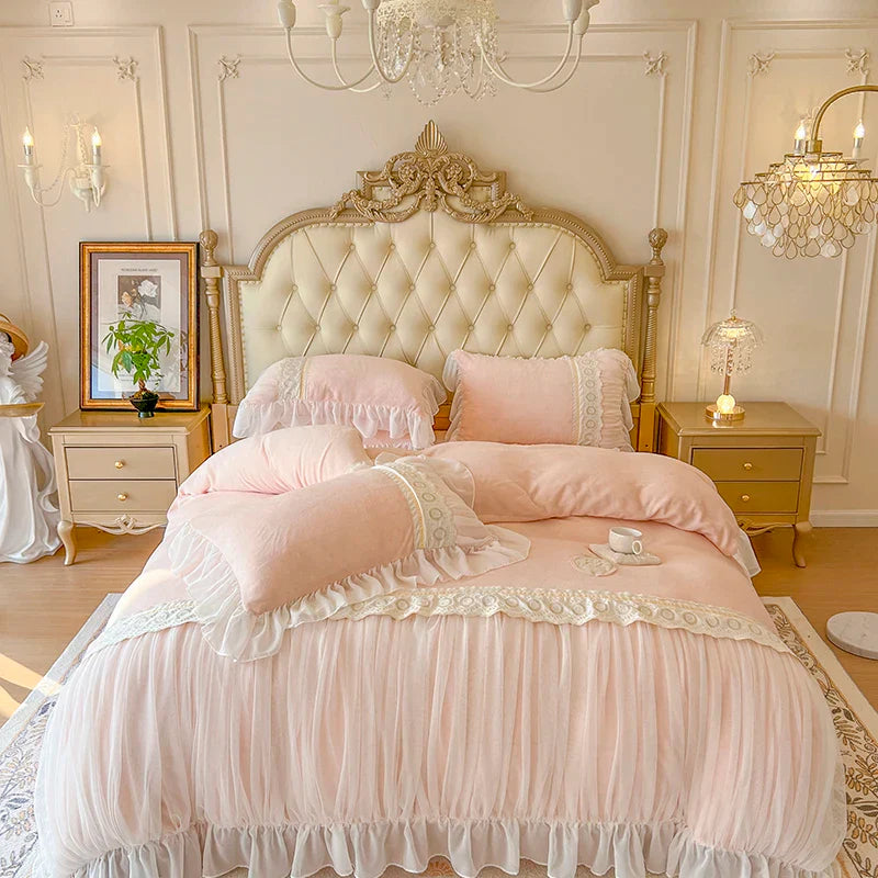 Afralia™ Velvet Fleece Princess Bedding Set with French Pleat Lace Ruffles, Plush & Warm