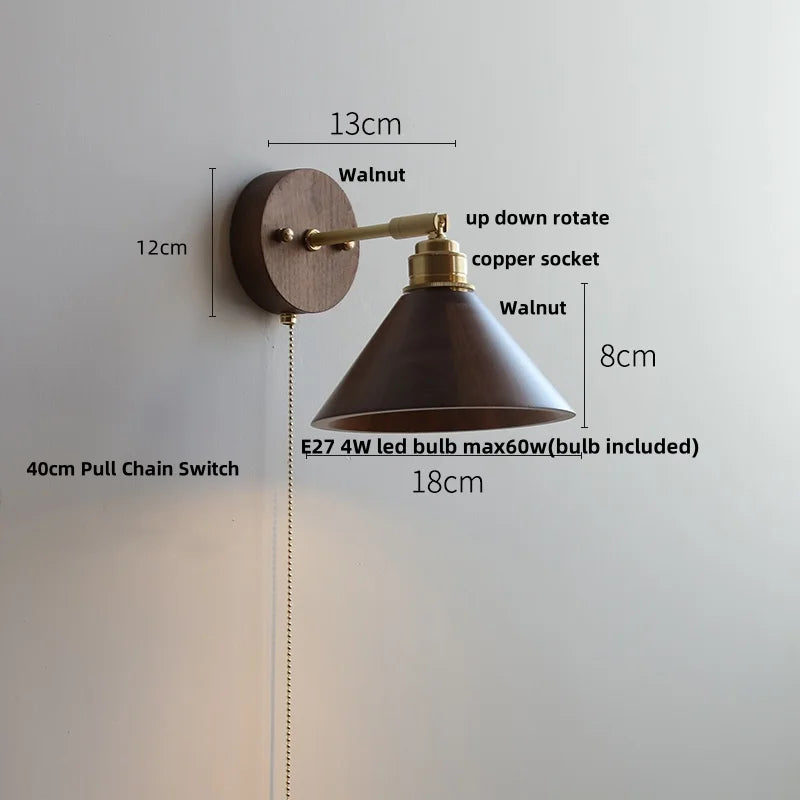Afralia™ Clear Glass LED Wall Light Fixture Walnut Wood Pull Chain Switch Nordic Modern Wall Lamp