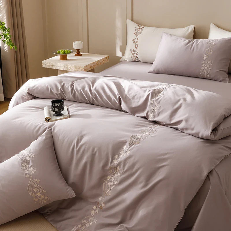 Afralia™ Elegant Lily of the Valley Embroidery Brown Cotton Bedding Set