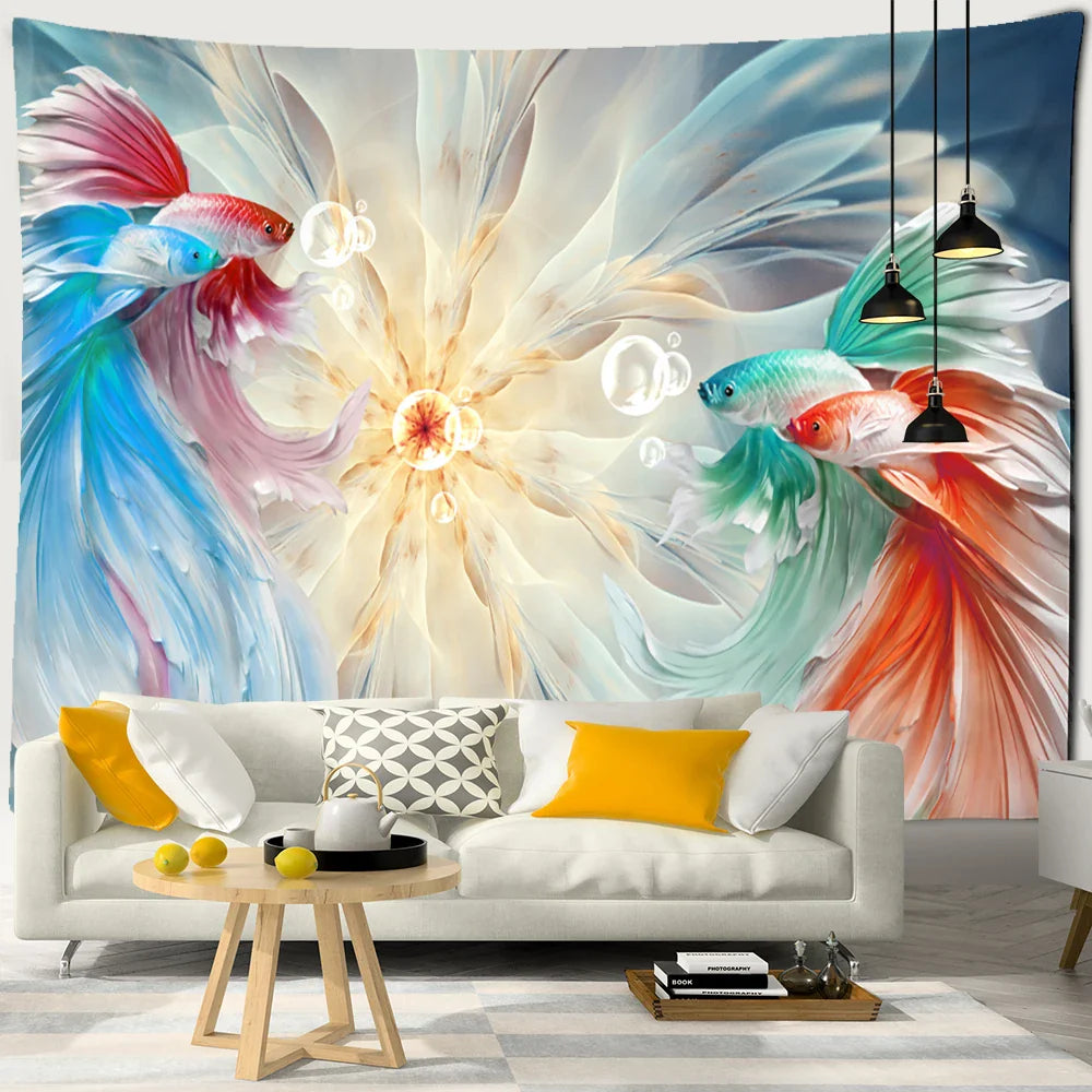 Afralia™ Ink Lotus Koi Tapestry: Boho Aesthetic Psychedelic Room Art Hippie Decor