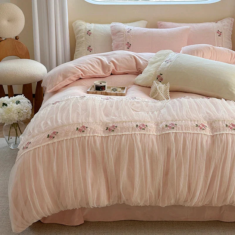 Afralia™ Pink Velvet Fleece Bedding Set with Flowers Embroidery & Lace Pleat