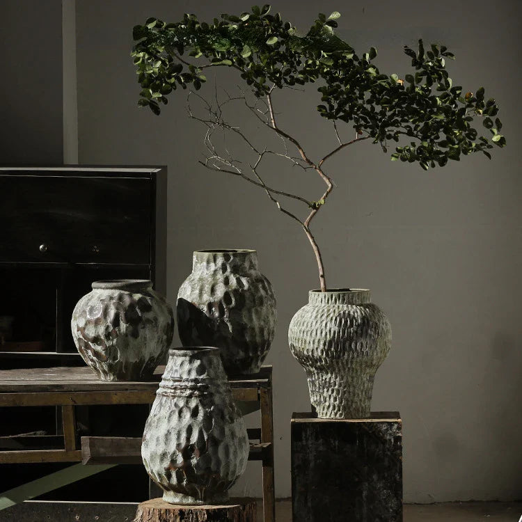 Afralia™ Coarse Pottery Vase Chinese Retro Porcelain Floral Arrangement Home Decor