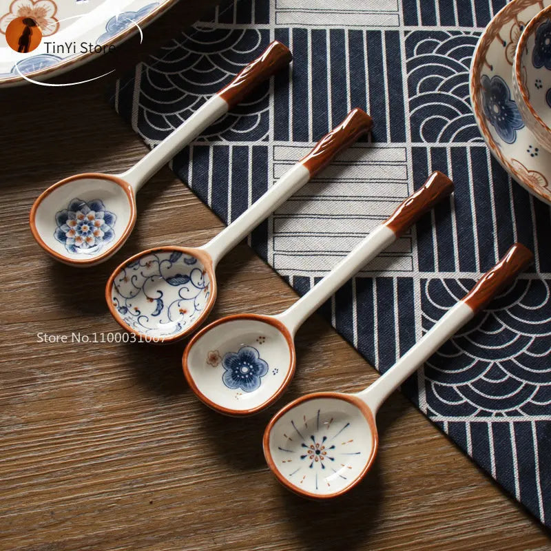 Afralia™ Japanese Vine Ceramic Spoon Set - Ins Wind Hand-painted Long Handle Dessert Spoons