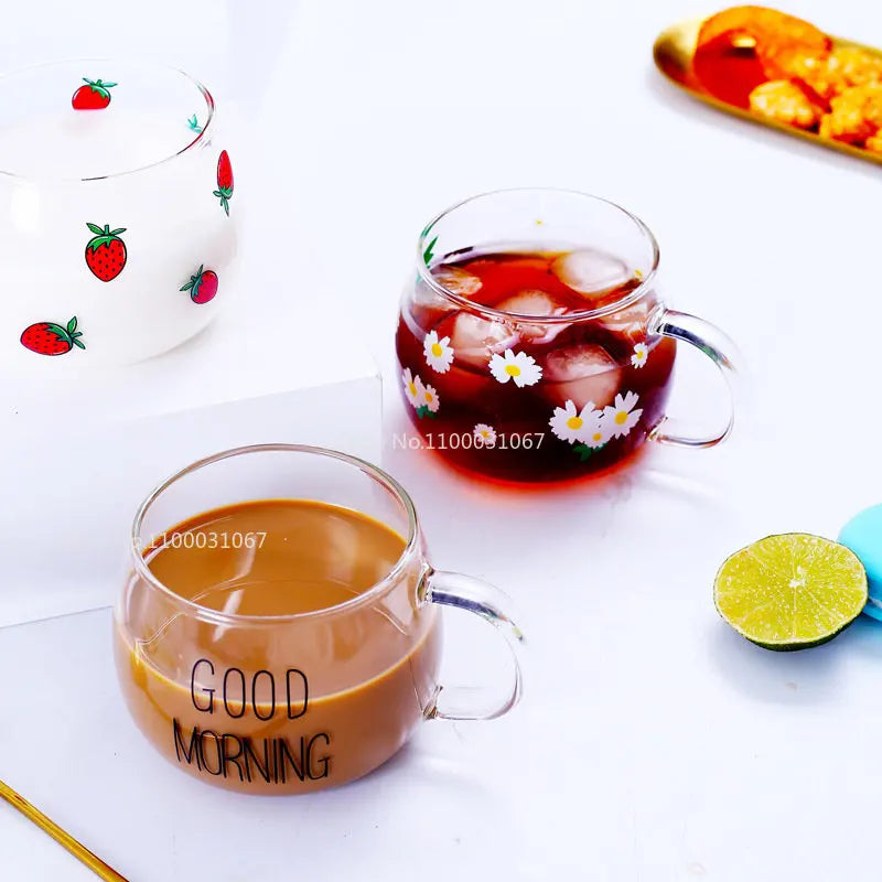 Afralia™ Cute Letter Glass Mug, 380ml: Strawberry Tea Coffee Cup, Breakfast Milk Drinkware