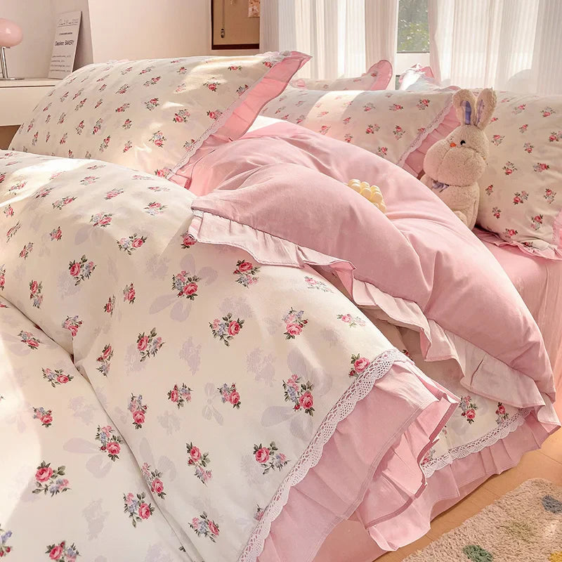 Afralia™ Floral Ruffles Bedding Set with Duvet Cover, Sheets, and Pillowcases