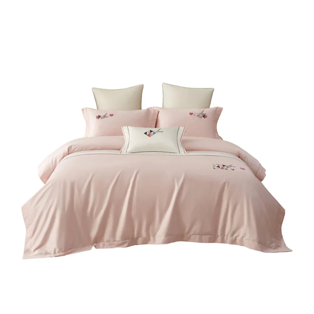 Afralia™ Pink Satin Jacquard Lotus Duvet Set 4Pcs Queen King Bedlinens