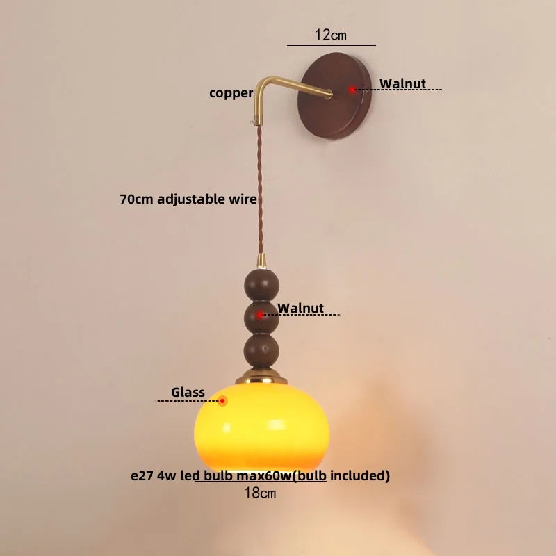 Afralia™ Modern LED Walnut Wood Wall Lights with Glass Shade & Pull Chain Switch