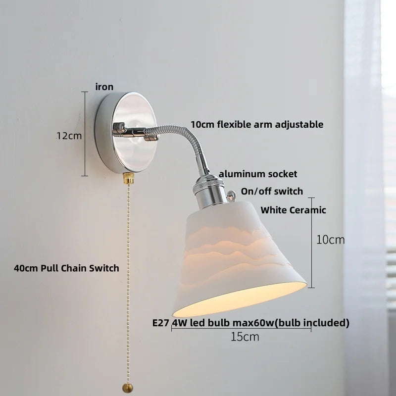 Afralia™ Adjustable Arm LED Wall Light Fixture with Pull Chain Switch, White Glass