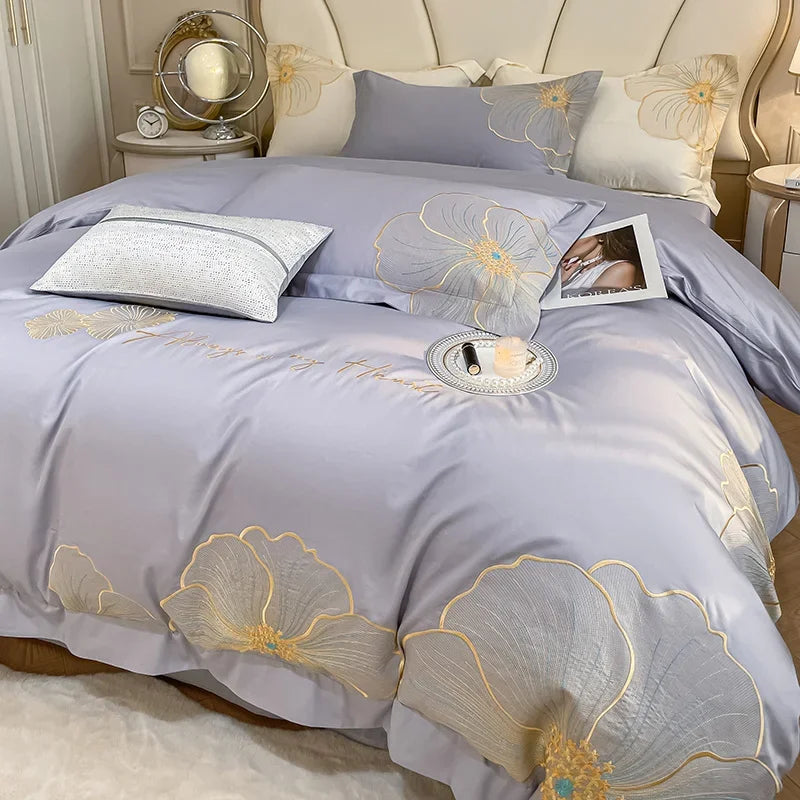Afralia™ Embroidered Egyptian Cotton Bedding Set for King Queen RU Bed Linens