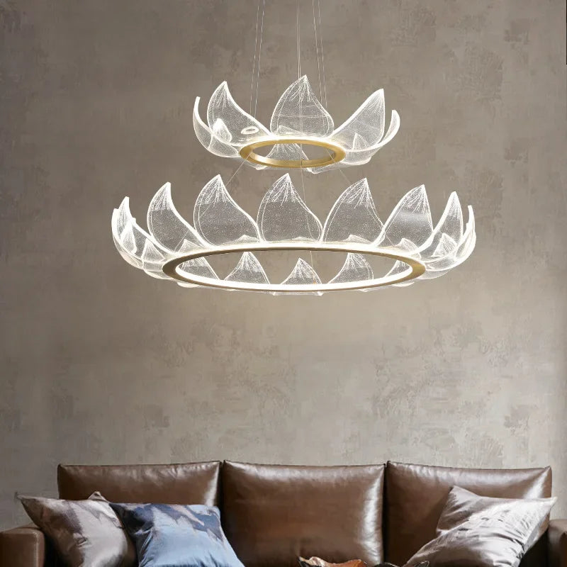Afralia™ Lotus Acrylic LED Chandelier Gold Suspend Lamp for Living Room Lighting