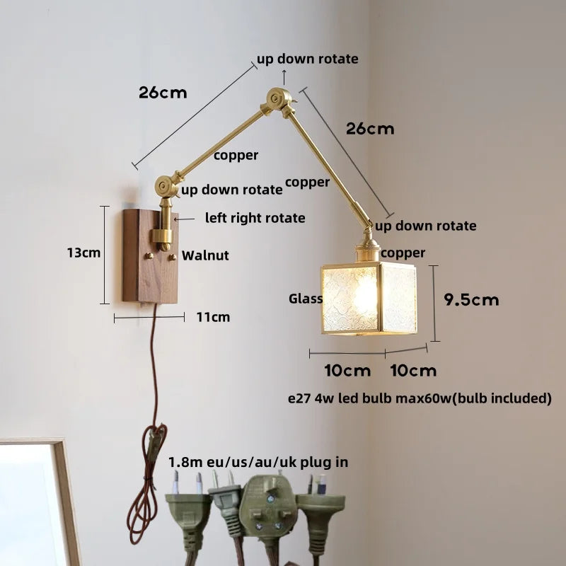 Afralia™ Cube Glass LED Wall Sconce Walnut Wood Rotatable Mirror Light