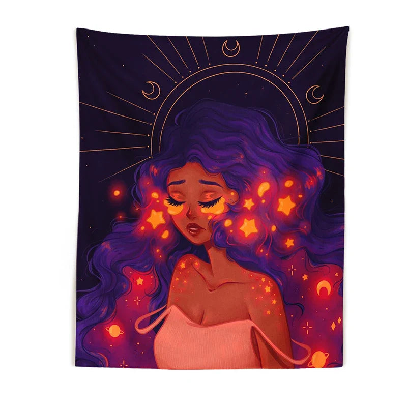 Afralia™ Moonlit Girl Tapestry: Luminous Sky Boho Wall Decor