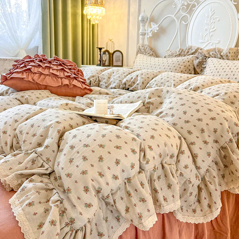 Afralia™ Double Layer Lace Ruffles Floral Bedding Set with Duvet Cover, Bed Skirt, Pillows