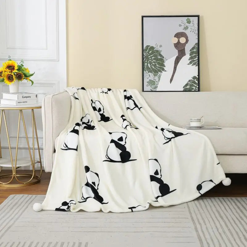 Afralia™ Cartoon Panda Flannel Double Sided Woolen Blanket for Home Office Sofa - Super Soft & Cozy